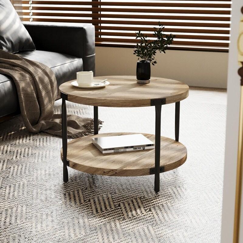 Ahşap Rengi MDF Metal Ayaklı Çift Katlı Yuvarlak Orta Sehpa - 76 cm - 241098