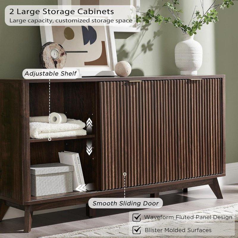 Ahşap Rengi MDF Yivli 2 Kapaklı 4 Çekmeceli Şifonyer - 154 cm - 296110