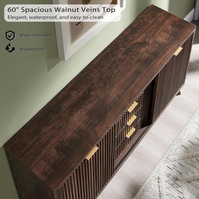 Ahşap Rengi MDF Yivli 2 Kapaklı 4 Çekmeceli Şifonyer - 154 cm - 296110