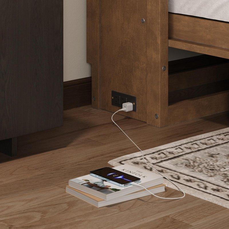 Ahşap Rengi ve Beyaz Masif Çam ve MDF USB Portlu Çekmeceli Dolaplı Tek Kişilik Duvar Yatağı - 217x116x164 cm - 264708