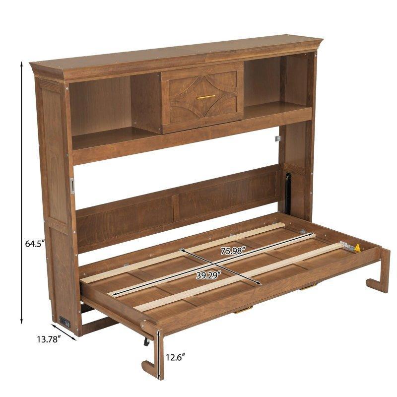 Ahşap Rengi ve Beyaz Masif Çam ve MDF USB Portlu Çekmeceli Dolaplı Tek Kişilik Duvar Yatağı - 217x116x164 cm - 264708