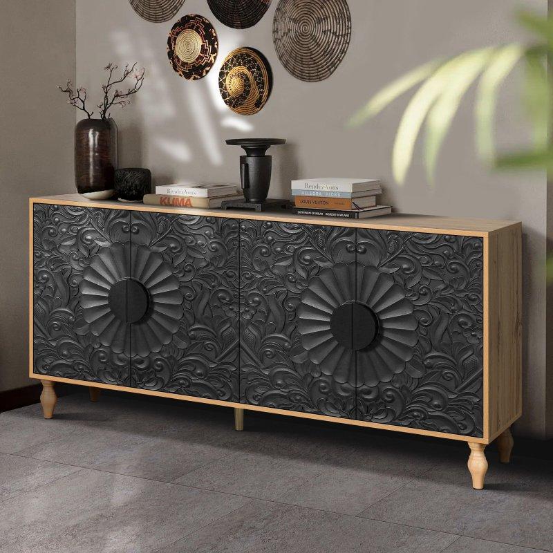 Ahşap Rengi ve Beyaz MDF Simetrik Oymalı Kapaklı Bohem Konsol - 324826