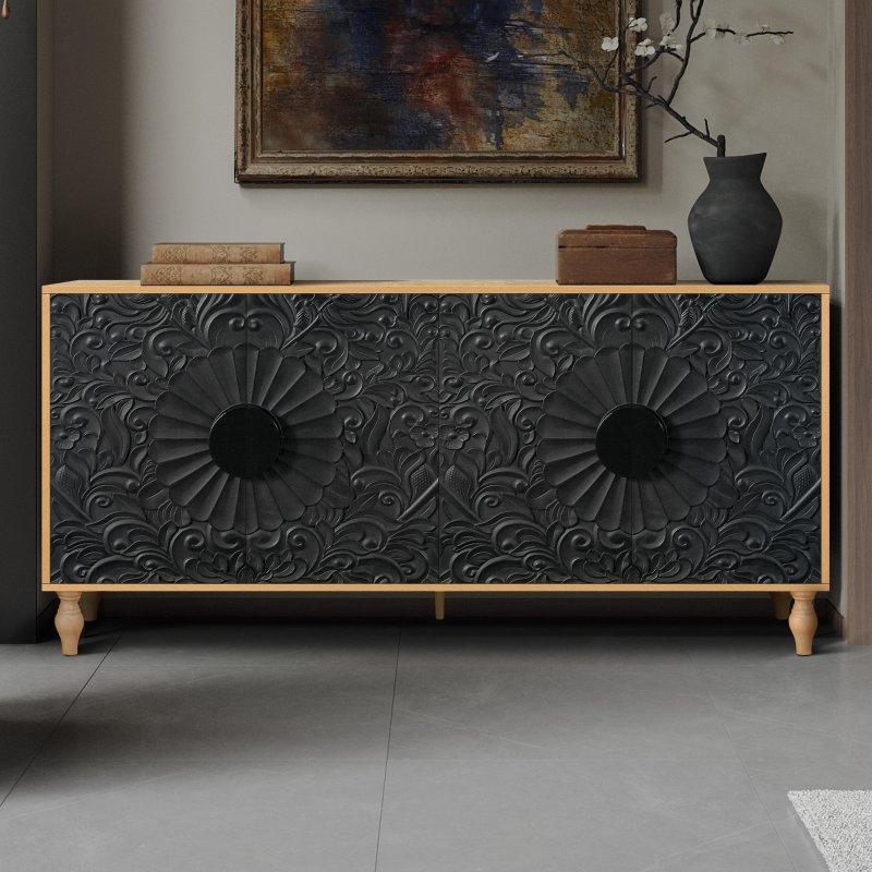 Ahşap Rengi ve Beyaz MDF Simetrik Oymalı Kapaklı Bohem Konsol - 324826 Ahşap Rengi ve Beyaz MDF Simetrik Oymalı Kapaklı Bohem Konsol - 324826