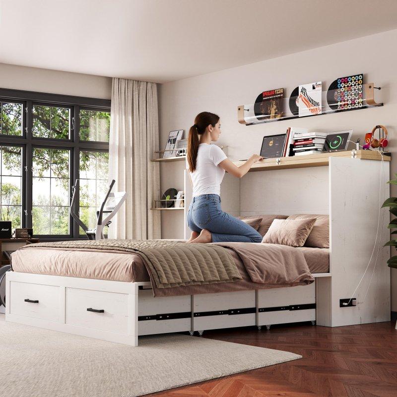 Ahşap Şarj İstasyonlu ve Çekmeceli Kır Evi Stili Duvar Yatağı - 262704