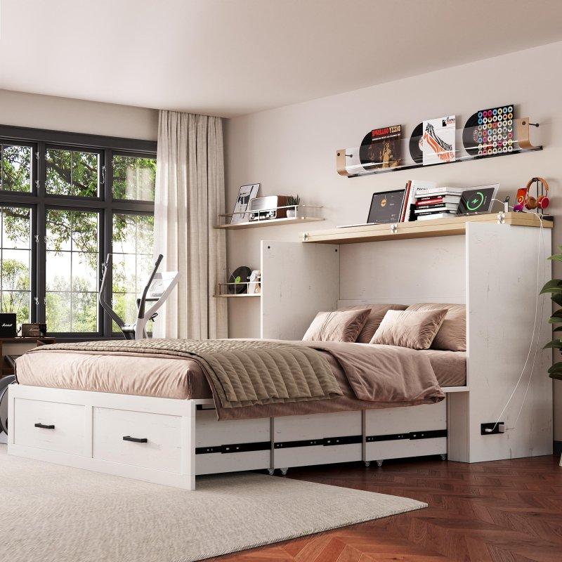 Ahşap Şarj İstasyonlu ve Çekmeceli Kır Evi Stili Duvar Yatağı - 262704