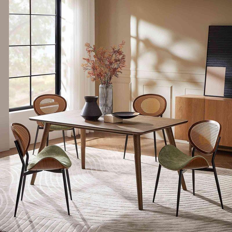 Ahşap Sırtlı Demir Ayaklı Kumaş Döşemeli 4lü Set Rattan Sandalye - 251632