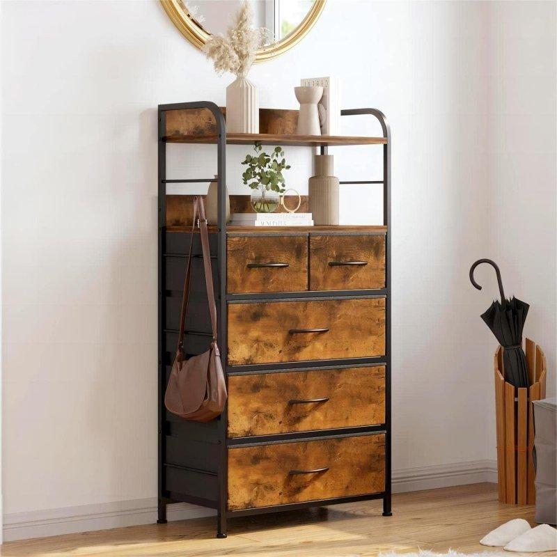 Ahşap Tablalı Metal İskeletli 5 Kumaş Çekmeceli Dikey Şifonyer - 60x30x120 cm - 296587