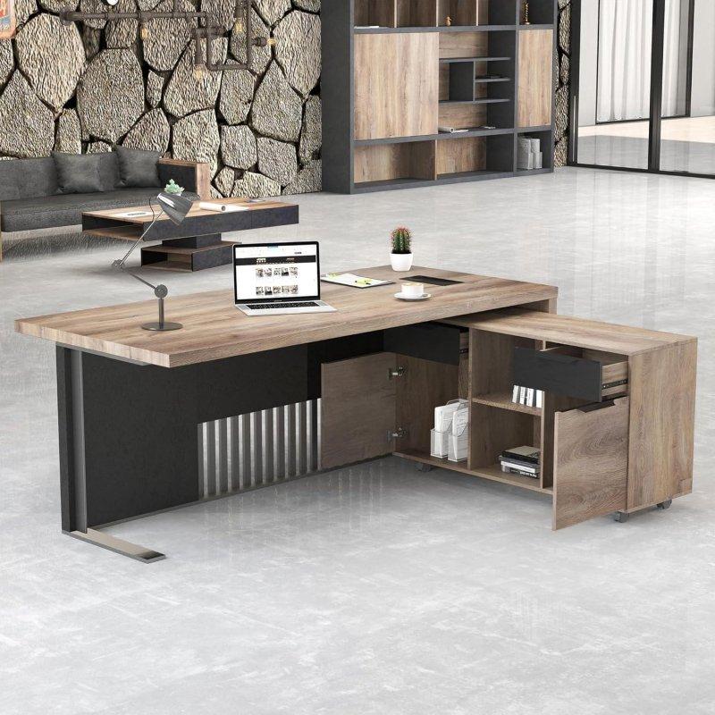 Ahşap ve Metal L Tipi Tekerlekli Dosya Dolaplı Yönetici Ofis Masası - 326765