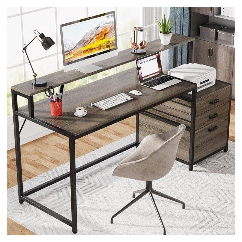 Ahşap ve Metal Monitör Standlı Dosya Dolaplı Ofis Masası - 161 cm - 328085