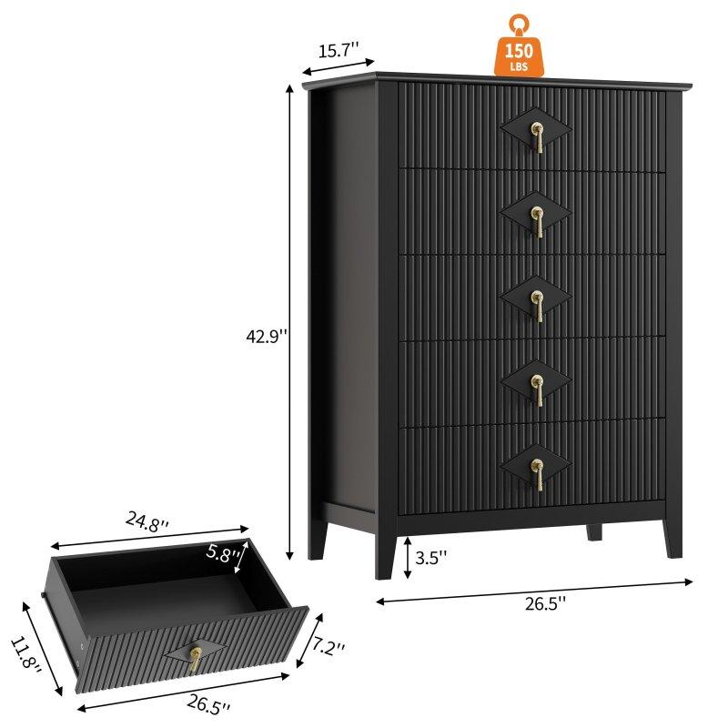 Ahşap Yivli 5 Çekmeceli Metal Kulplu Şifonyer - 109 cm - 300785