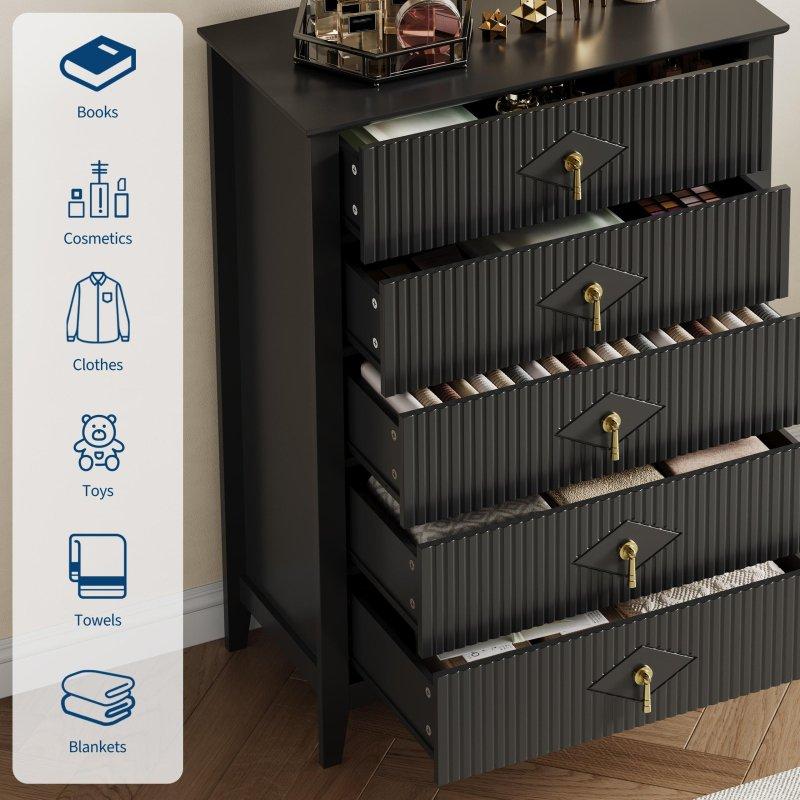 Ahşap Yivli Metal Kulplu 5 Çekmeceli Şifonyer - 81x40x110 cm - 304271