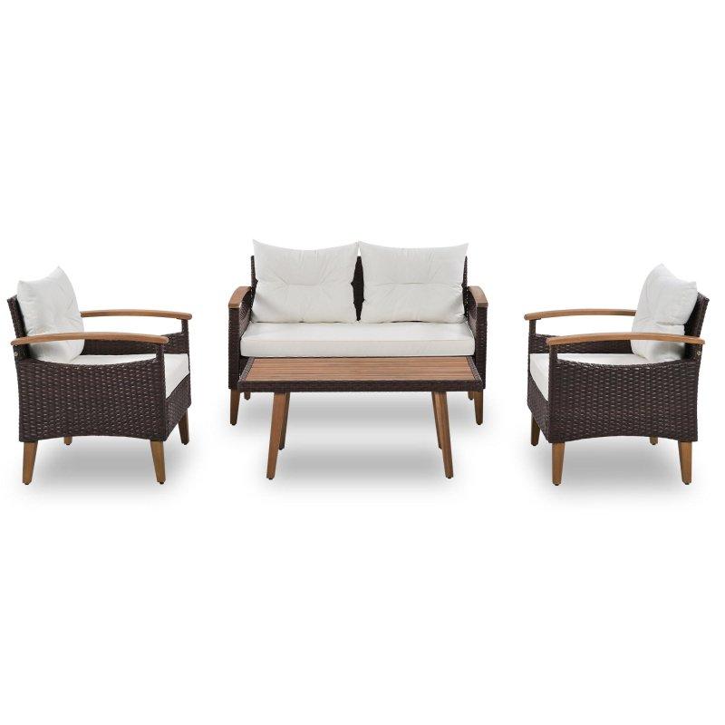 Akasya Ahşap Kolçaklı 4 Parça PE Rattan Minderli Bahçe Takımı - 272518