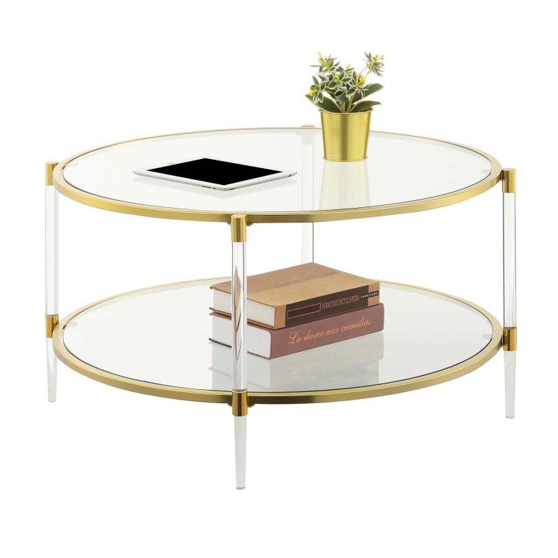 Akrilik Ayaklı Rose Gold İki Katlı Cam Yuvarlak Orta Sehpa - 87x46 cm - 242611