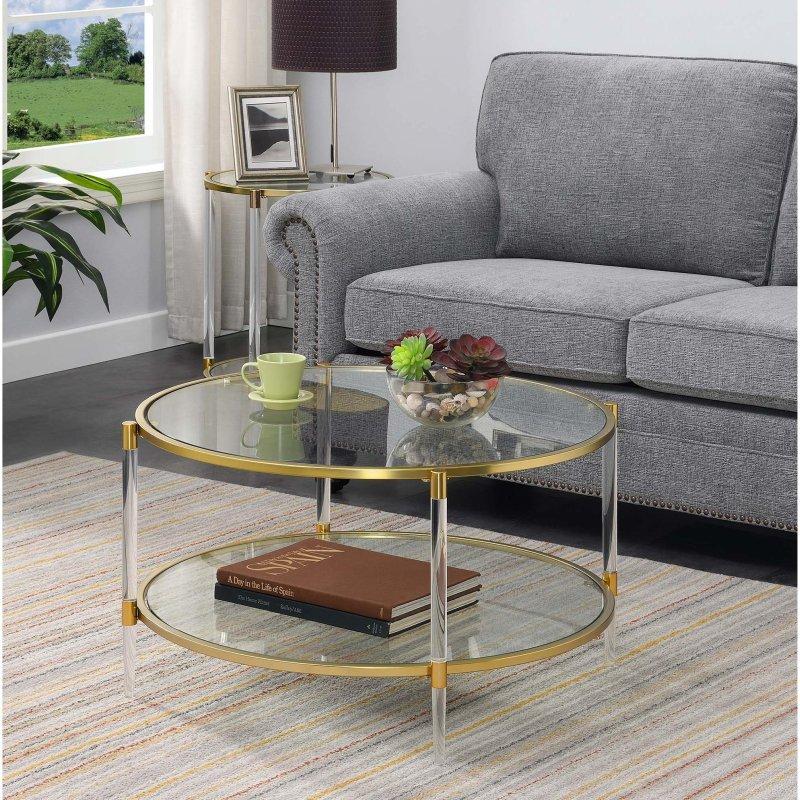Akrilik Ayaklı Rose Gold İki Katlı Cam Yuvarlak Orta Sehpa - 87x46 cm - 242611