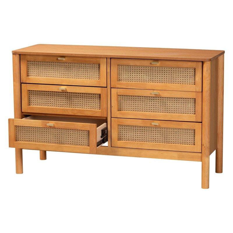Altın Kahverengi Ahşap Eskitme Rattan Detaylı 6 Çekmeceli Japandi Tarzı Şifonyer - 127 cm - 302698