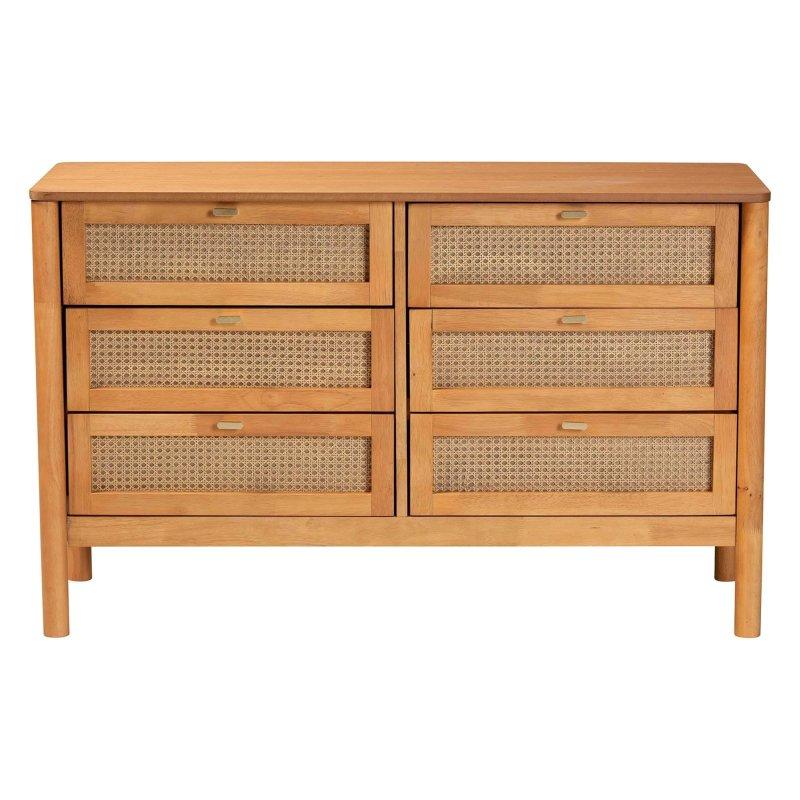 Altın Kahverengi Ahşap Eskitme Rattan Detaylı 6 Çekmeceli Japandi Tarzı Şifonyer - 127 cm - 302698