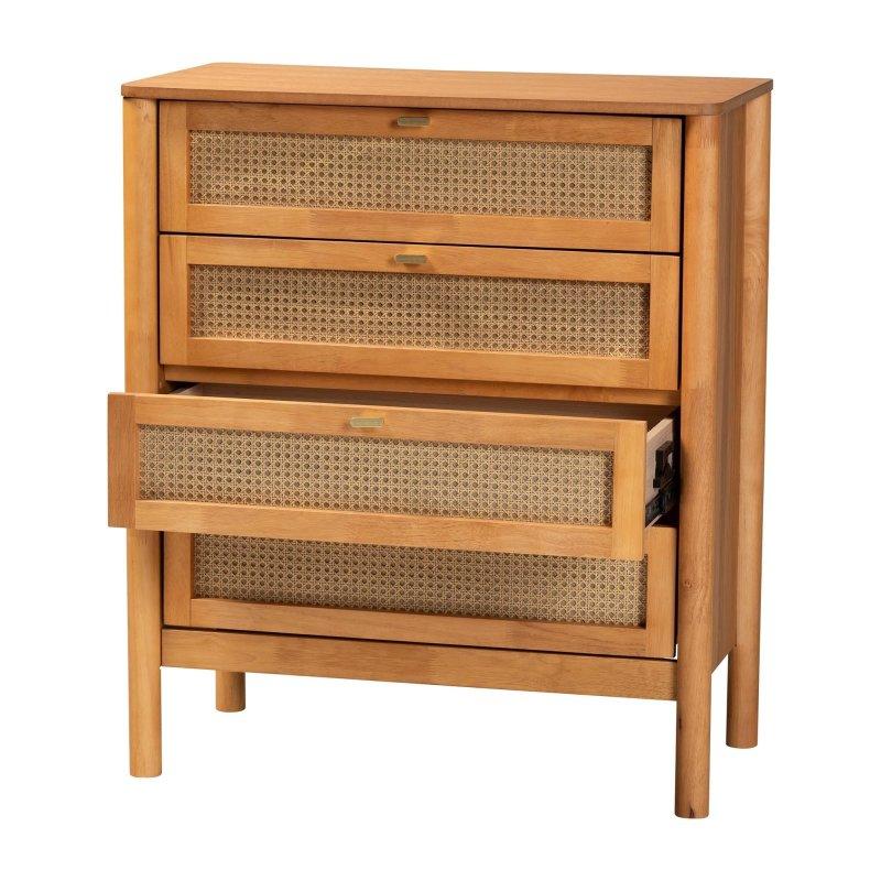 Altın Kahverengi Ahşap Hasır Örgü 4 Çekmeceli Japandi Şifonyer - 84x97x45 cm - 310378