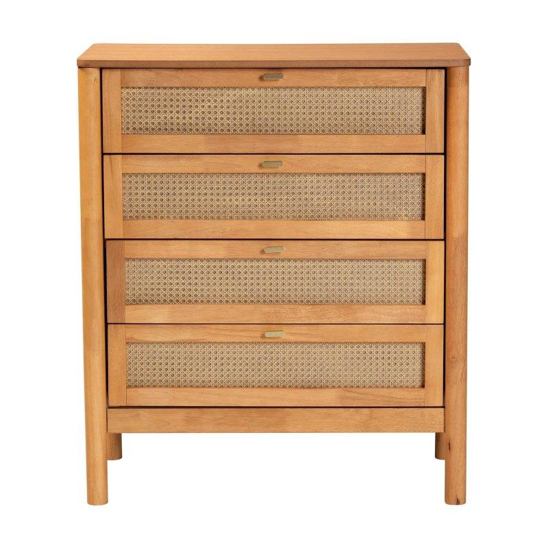 Altın Kahverengi Ahşap Hasır Örgü 4 Çekmeceli Japandi Şifonyer - 84x97x45 cm - 310378