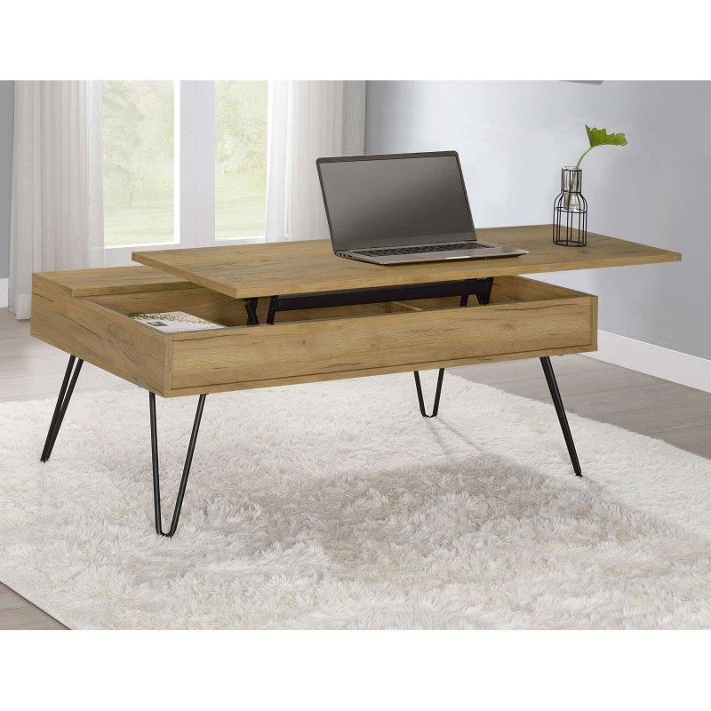 Altın Meşe Ahşap ve Metal Asansörlü Gizli Bölmeli Firkete Ayaklı Akıllı Sehpa - 121x60 cm - 254072