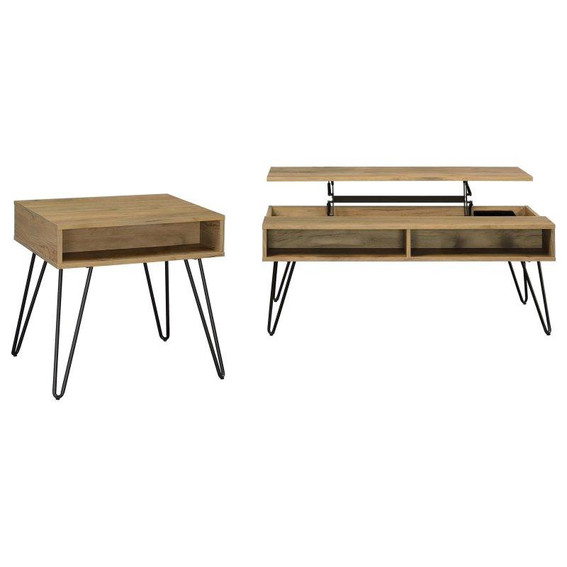 Altın Meşe Rengi MDF 2 Parça Kaldırılabilir Tablalı Metal Ayaklı Akıllı Sehpa Seti - 253554