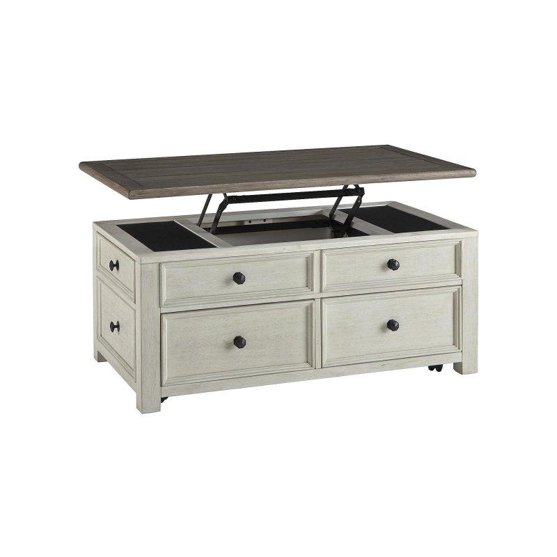 Antik Beyaz Ahşap Asansörlü Çekmeceli Tekerlekli Akıllı Sehpa - 117x67 cm - 254342