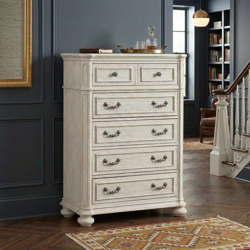 Antik Beyaz Çam ve MDF Aynalı 5 Çekmeceli Şifonyer - 97x46x134 cm - 300778