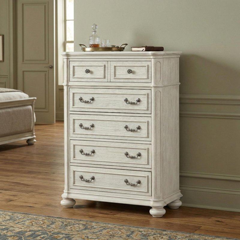 Antik Beyaz Çam ve MDF Aynalı 5 Çekmeceli Şifonyer - 97x46x134 cm - 300778