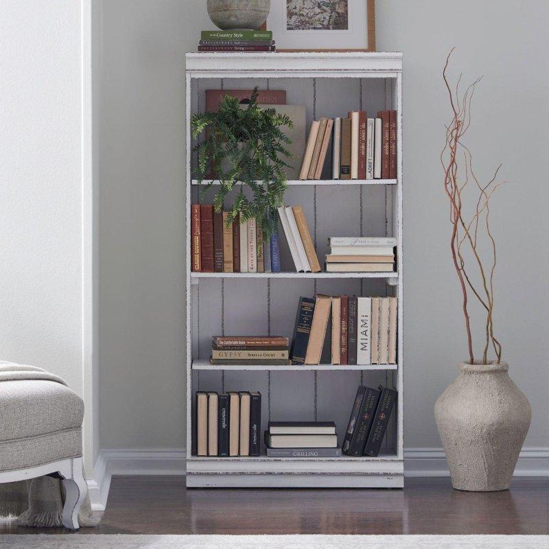 Antik Beyaz Masif Ahşap Eskitme Tasarımlı Kademeli 4lü Set Kitaplık - 316433