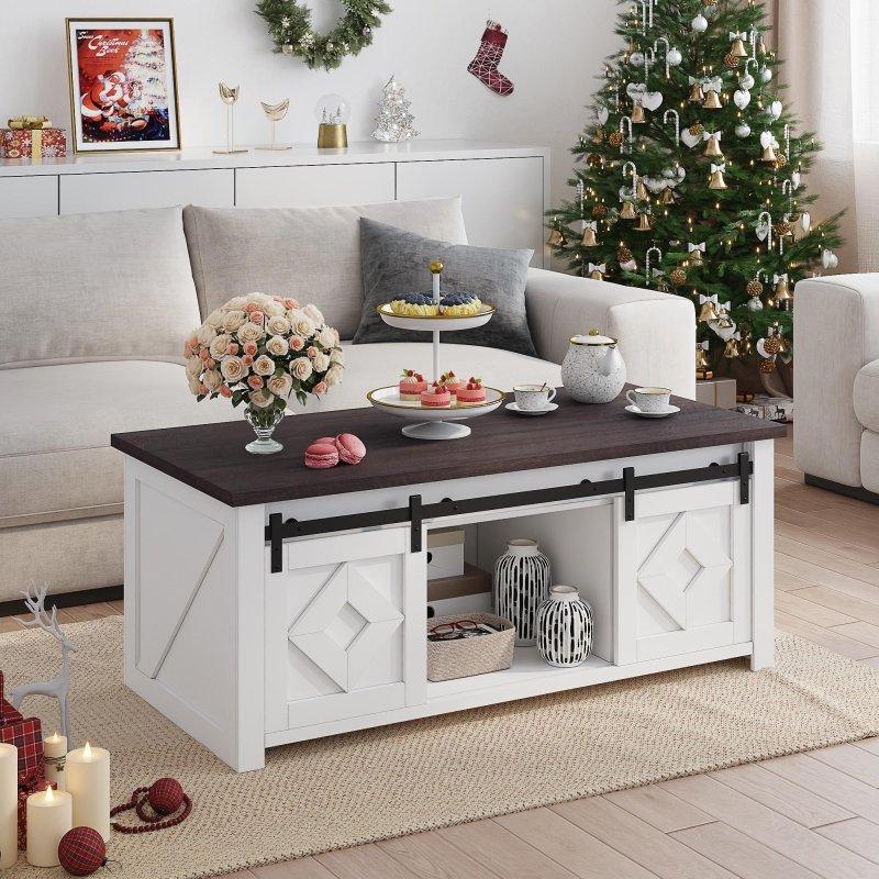 Antik Beyaz MDF Sürgülü Kapaklı ve Depolama Alanlı Yükseltilebilir Akıllı Sehpa - 122x59x50 cm - 253808