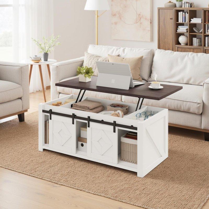 Antik Beyaz MDF Sürgülü Kapaklı ve Depolama Alanlı Yükseltilebilir Akıllı Sehpa - 122x59x50 cm - 253808