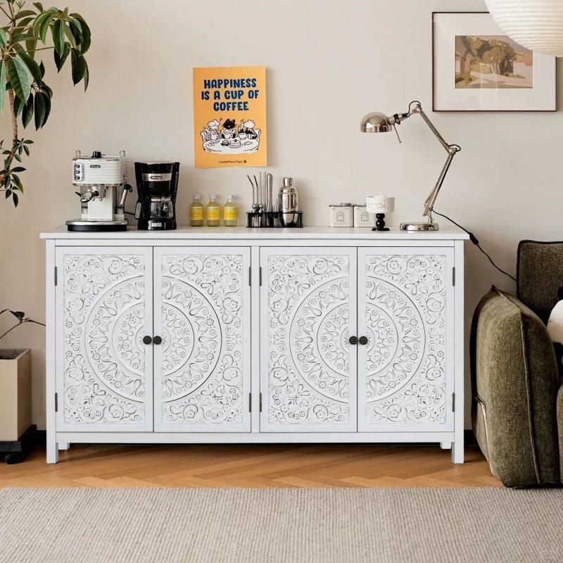 Antik Beyaz MDF ve Köknar Ağacı 4 Kapaklı Oymalı Bohem Konsol - 154 cm - 324706