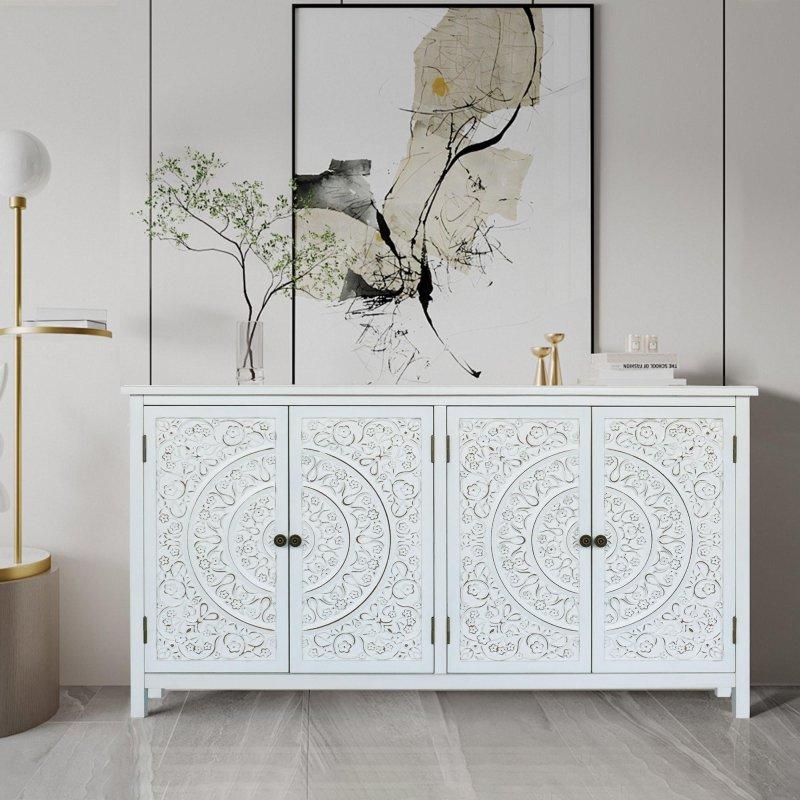 Antik Beyaz MDF ve Köknar Ağacı 4 Kapaklı Oymalı Bohem Konsol - 154 cm - 324706