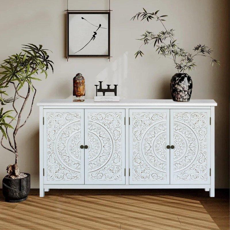Antik Beyaz MDF ve Köknar Ağacı 4 Kapaklı Oymalı Bohem Konsol - 154 cm - 324706 Antik Beyaz MDF ve Köknar Ağacı 4 Kapaklı Oymalı Bohem Konsol - 154 cm - 324706