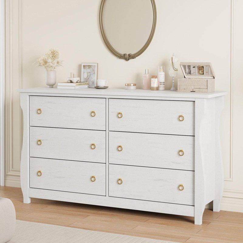 Antik Beyaz MDF ve Meşe Gold Halkalı Kulplu 6 Çekmeceli Şifonyer - 138 cm - 303868 Antik Beyaz MDF ve Meşe Gold Halkalı Kulplu 6 Çekmeceli Şifonyer - 138 cm - 303868