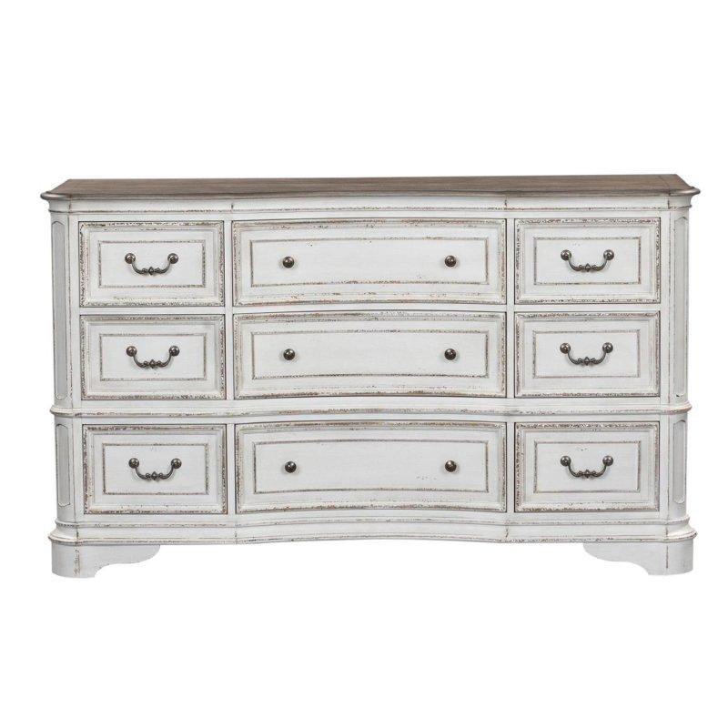 Antik Beyaz ve Eskitme Kahverengi Ahşap 9 Çekmeceli Bombeli Şifonyer - 173x49 cm - 303776