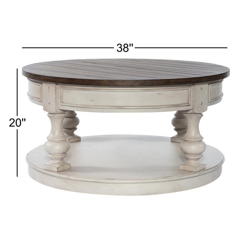 Antik Beyaz ve Kahverengi Masif Ahşap Raflı Eskitme Tasarımlı Yuvarlak Orta Sehpa - 97 cm - 244216