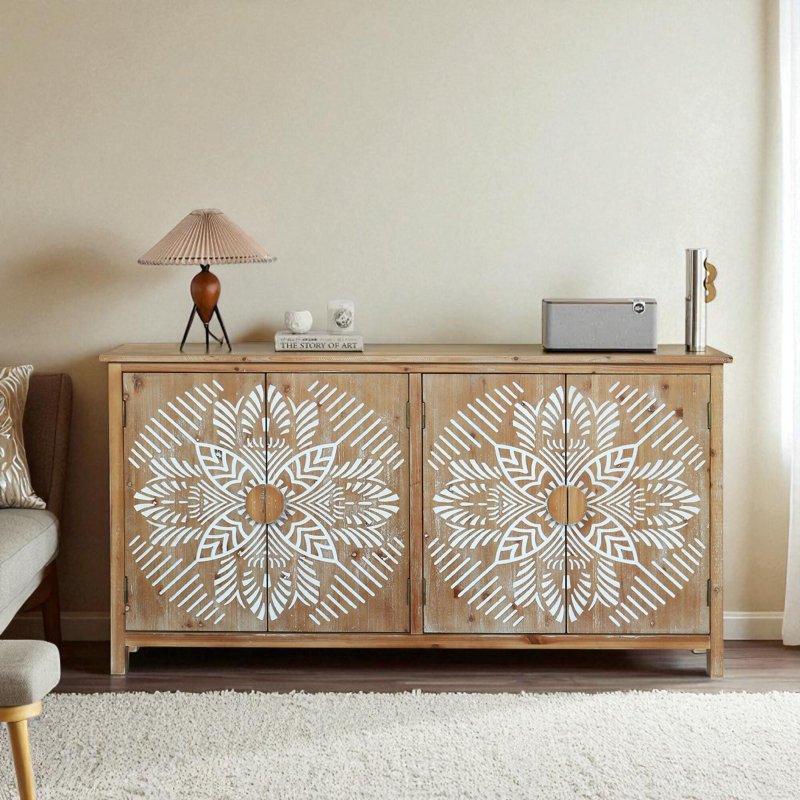 Antik Beyaz ve Kahverengi MDF ve Köknar Ağacı Oymalı Kapaklı Bohem Konsol - 153x82x39 cm - 325456