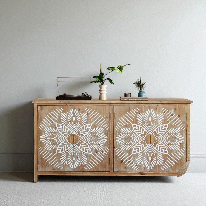Antik Beyaz ve Kahverengi MDF ve Köknar Ağacı Oymalı Kapaklı Bohem Konsol - 153x82x39 cm - 325456
