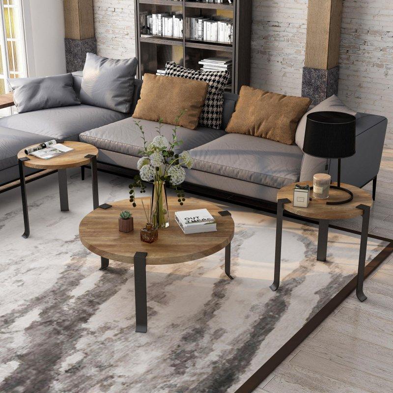 Antik Beyaz ve Siyah Çelik 3lü Yuvarlak Orta ve Yan Sehpa Seti - 242283
