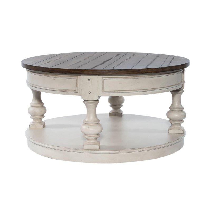 Antik Beyaz ve Tütün Ahşap Tekerlekli Raflı Yuvarlak Orta Sehpa - 97x50 cm - 242093