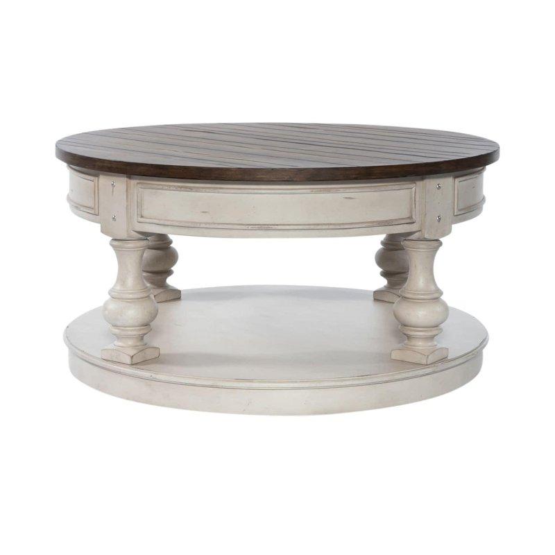 Antik Beyaz ve Tütün Ahşap Tekerlekli Raflı Yuvarlak Orta Sehpa - 97x50 cm - 242093