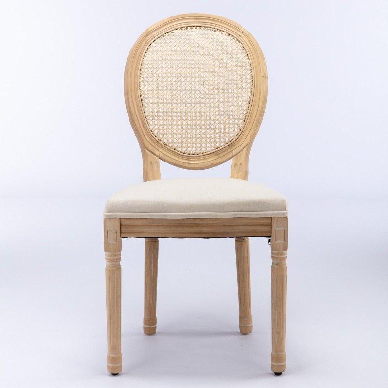 Antik Boyalı Masif Ahşap Keten Döşemeli Oval Sırtlı Rattan Sandalye 2li Set - 252189