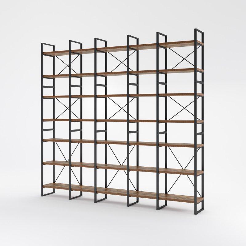Antik Ceviz Ahşap ve Siyah Metal 7 Raflı Endüstriyel Geniş Kitaplık - 270x253x32 cm - 320123