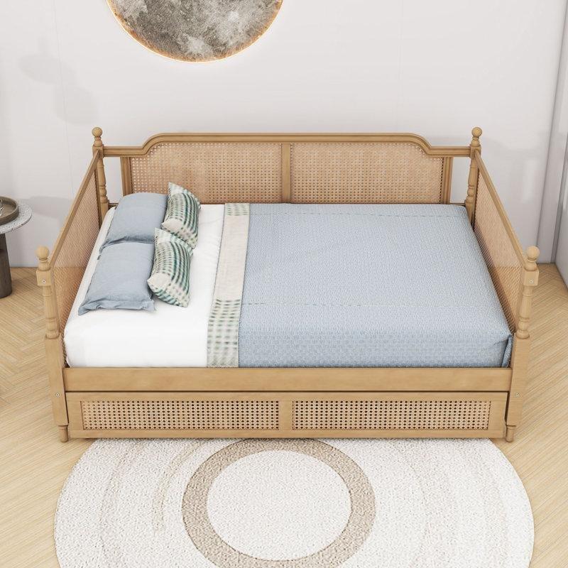 Antik Ceviz Masif Ahşap ve MDF Rattan Detaylı Yavru Yataklı Karyola - 147x203 cm - 329364