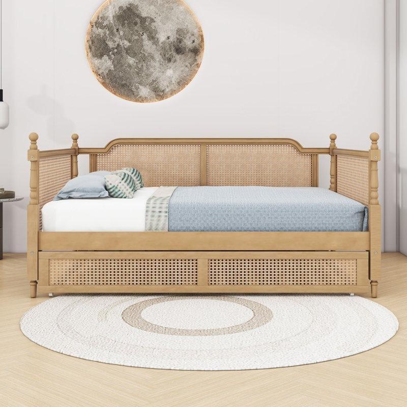 Antik Ceviz Masif Ahşap ve MDF Rattan Detaylı Yavru Yataklı Karyola - 147x203 cm - 329364