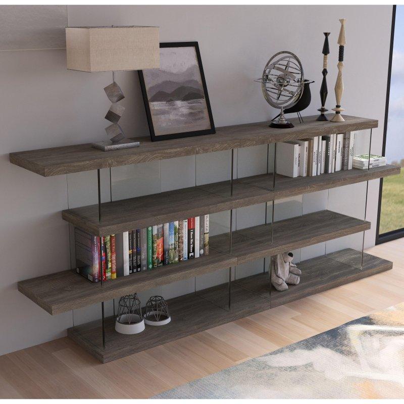 Antik Ceviz MDF ve Temperli Cam Geniş 4 Raflı Kitaplık - 240x41x111 cm - 318073