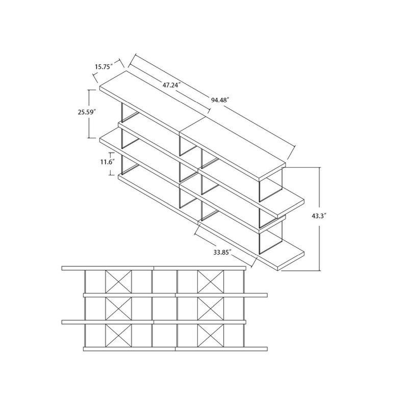 Antik Ceviz MDF ve Temperli Cam Geniş 4 Raflı Kitaplık - 240x41x111 cm - 318073