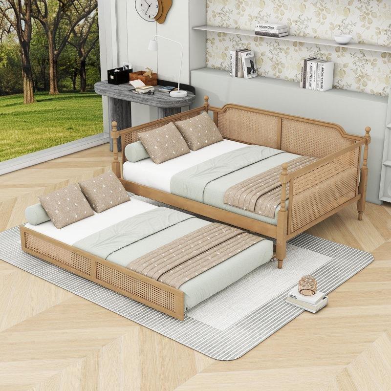Antik Ceviz Rattan Başlıklı Masif Ahşap ve MDF Yavru Yataklı Karyola - 145x201 cm - 328304