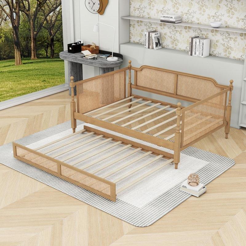 Antik Ceviz Rattan Başlıklı Masif Ahşap ve MDF Yavru Yataklı Karyola - 145x201 cm - 328304