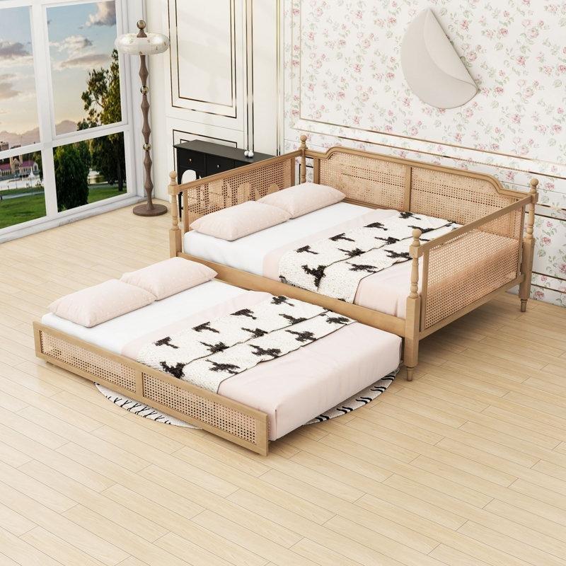 Antik Ceviz Rattan Detaylı Masif Çam Ağacı ve MDF Yavru Yataklı Karyola - 148x203 cm - 328392